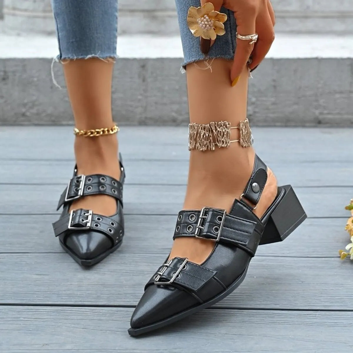 Point Toe Block Heels Slingback Pumps Black - Fashorio