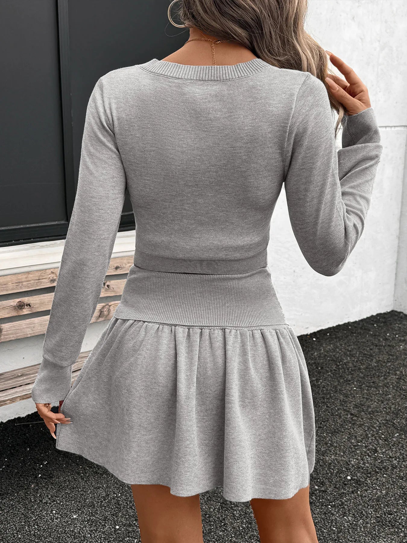 Ribbed Long Sleeve Top and Skirt Knit Set - Fashorio
