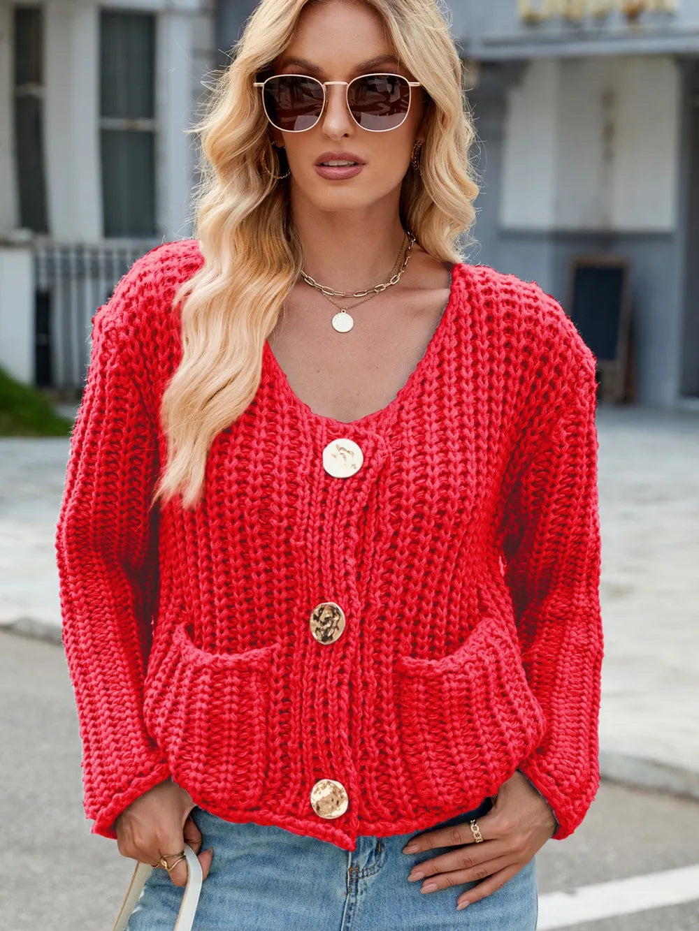 Round Neck Button Up Cardigan with Pockets - Fashorio