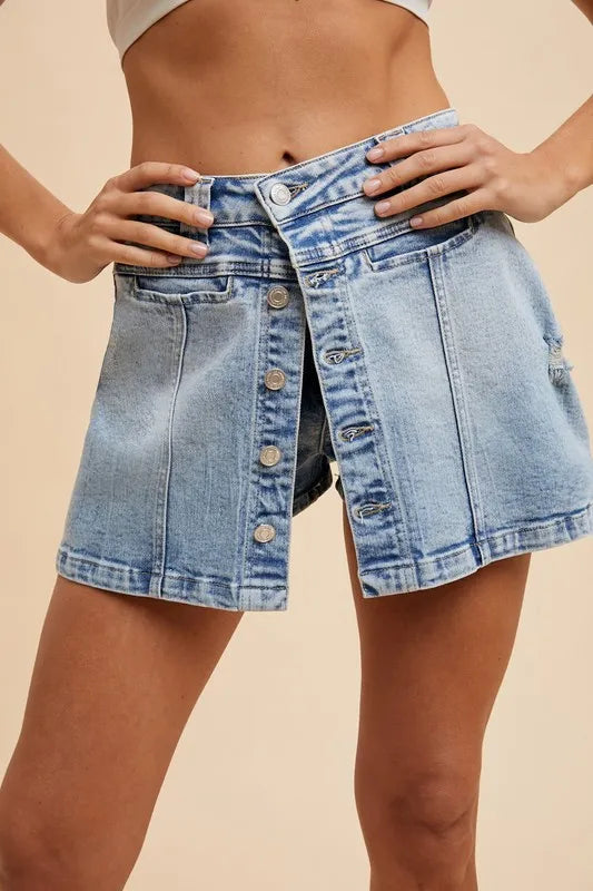 Annie Wear Button Detail Stretch Denim Wrap Mini Skort MEDIUM WASHED DENIM - Fashorio