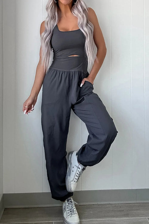 Cutout Square Neck Wide Strap Active Jumpsuit - Fashorio