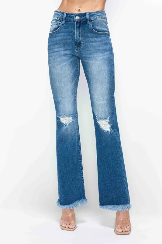 bytos Full Size Raw Hem Distressed High Rise Bootcut Jeans - Fashorio