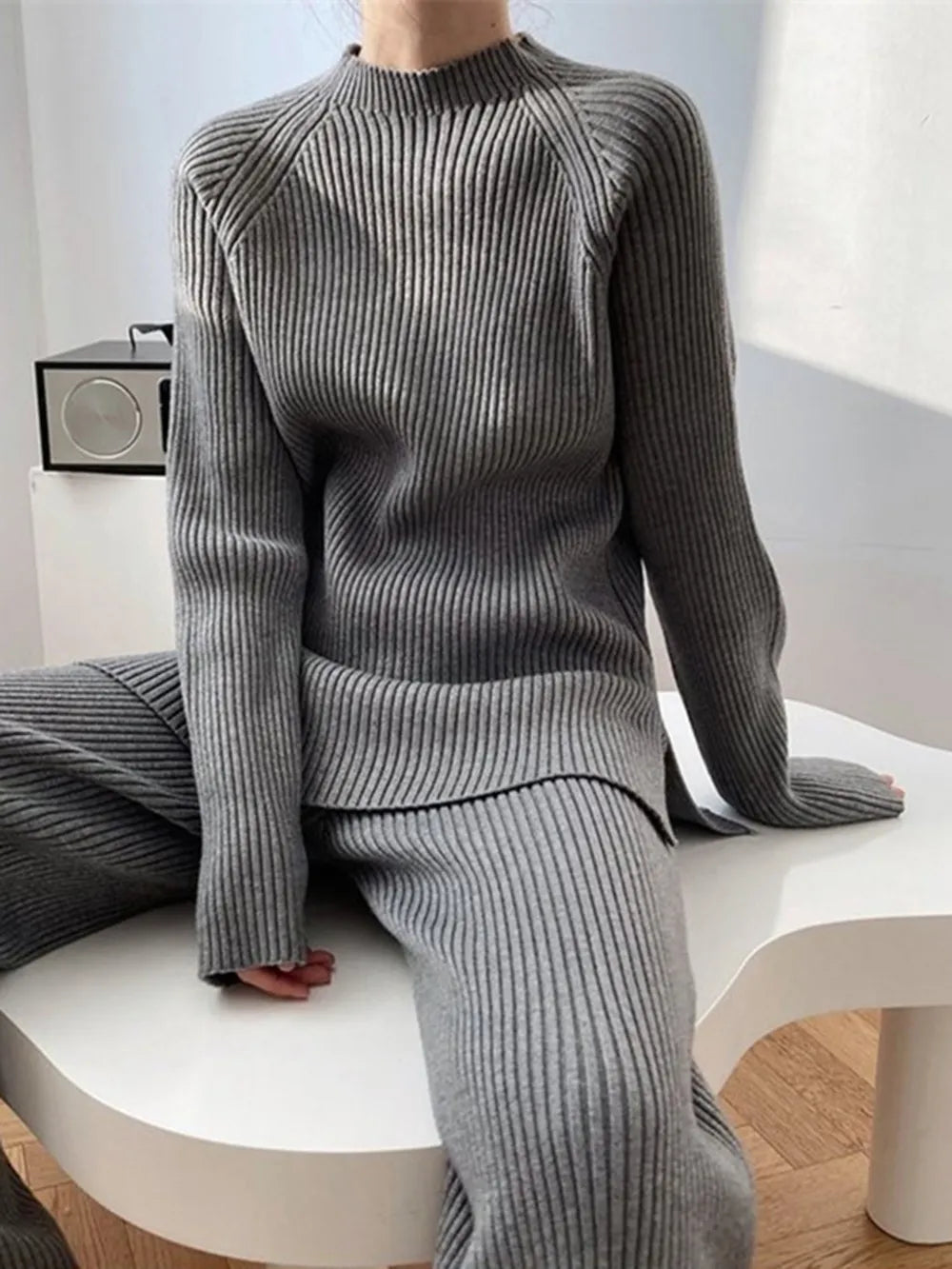 Mock Neck Raglan Sleeve Top and Pants Sweater Set - Fashorio