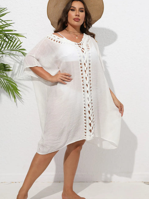 Crochet Trim V-Neck Beach Cover Up Dress - Fashorio
