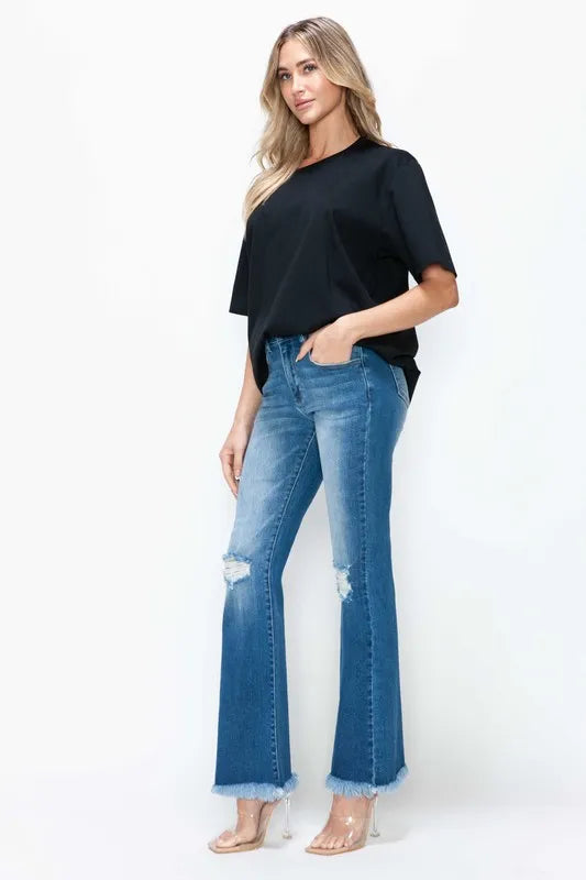 bytos Full Size Raw Hem Distressed High Rise Bootcut Jeans - Fashorio