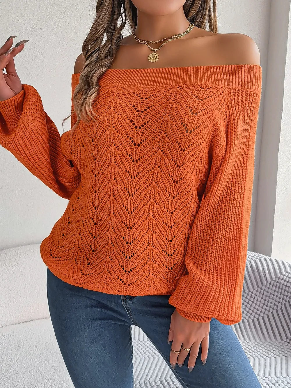 Openwork Off-Shoulder Long Sleeve Sweater - Fashorio