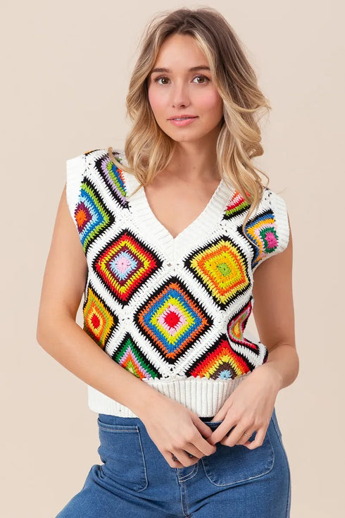 BiBi Diamond Granny Square Sweater Vest - Fashorio