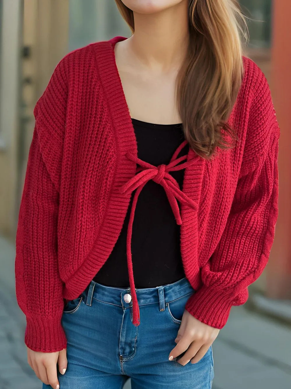 Tied Dropped Shoulder Long Sleeve Cardigan - Fashorio