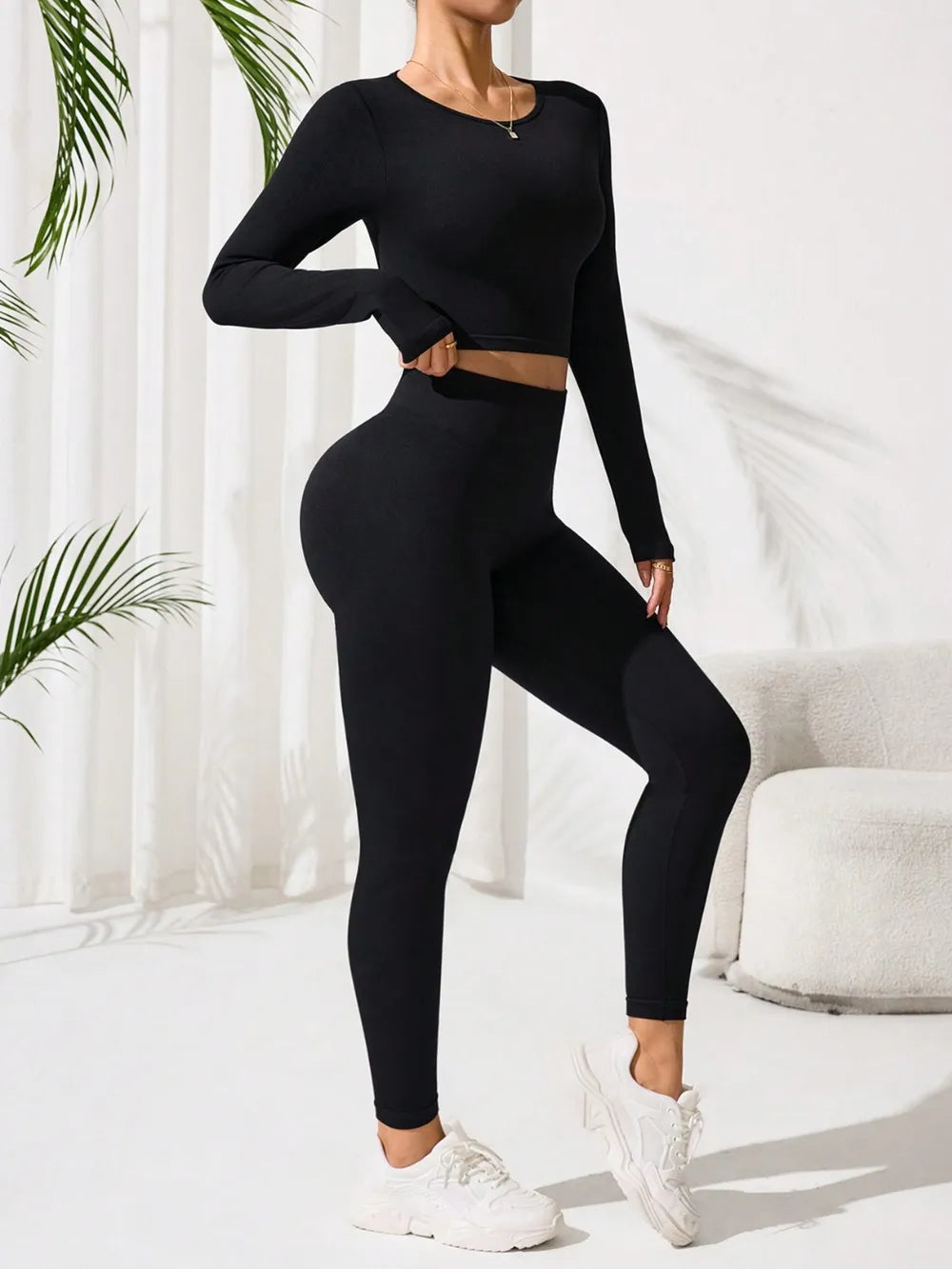 Lace-Up Back Round Neck Top and Leggings Active Set - Fashorio