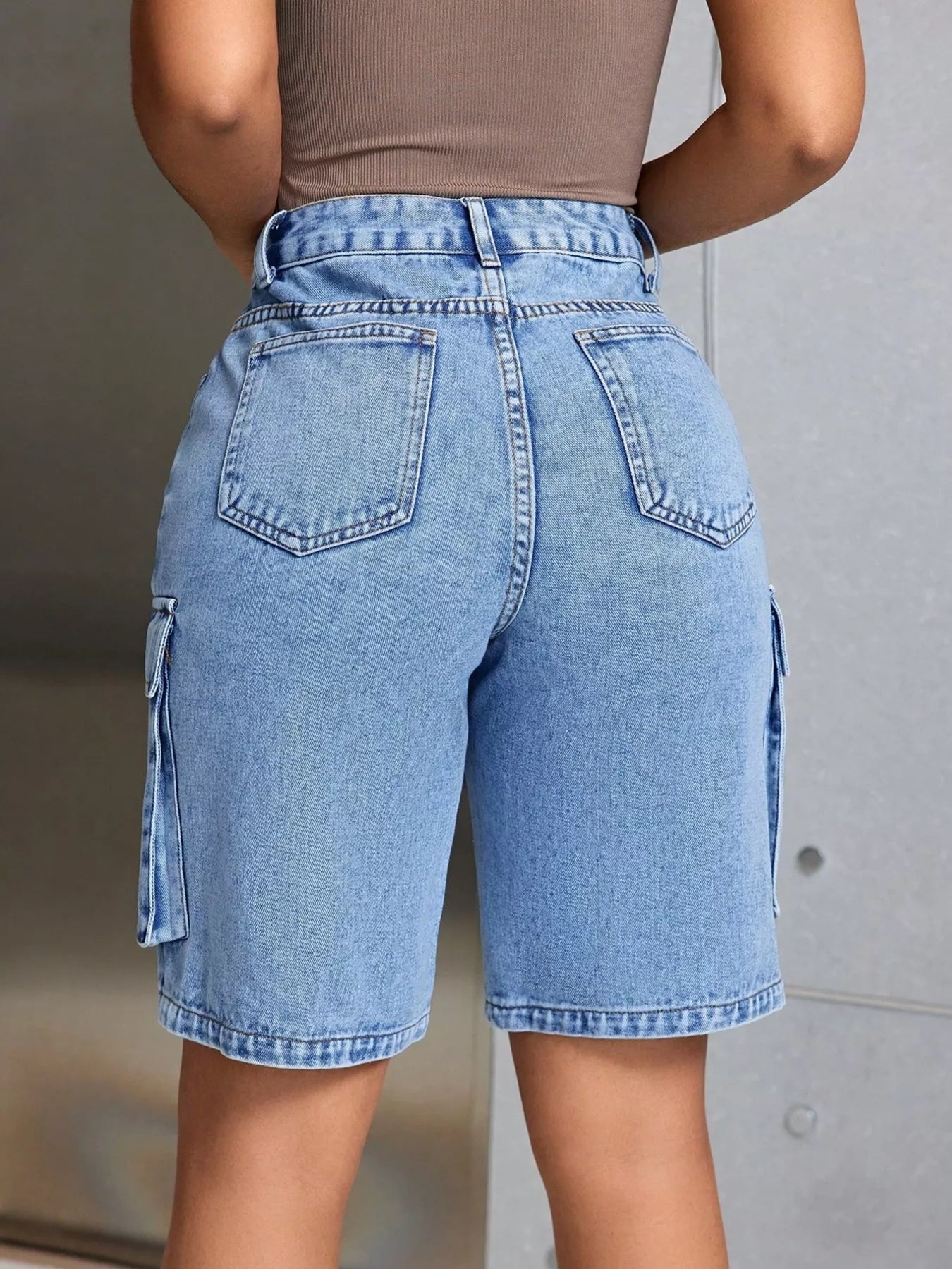High-Waisted Cargo Denim Shorts - Fashorio