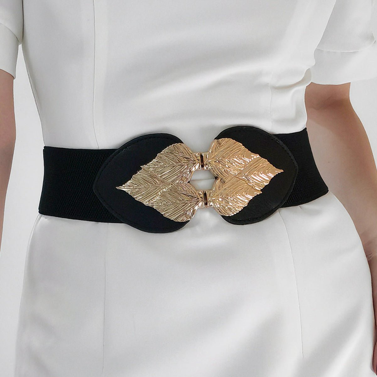 Alloy Leaf Buckle Elastic Belt Black One Size - Fashorio