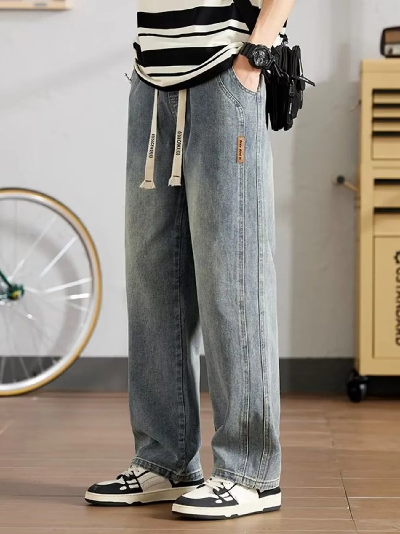 Men's Full Size Washed Relaxed Fit Straight Leg Jeans Plus Size Vintage Blue - Fashorio