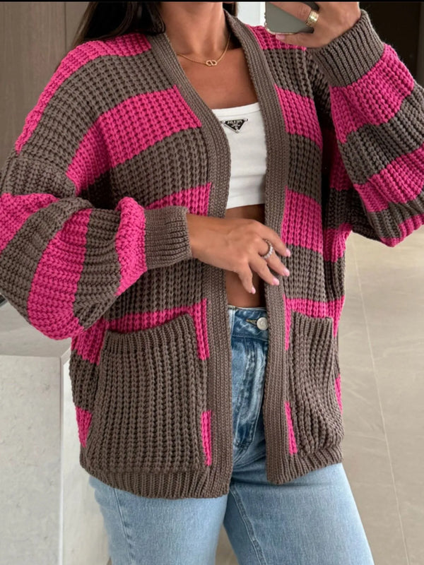 Striped Open Front Long Sleeve Cardigan Fuchsia Pink - Fashorio