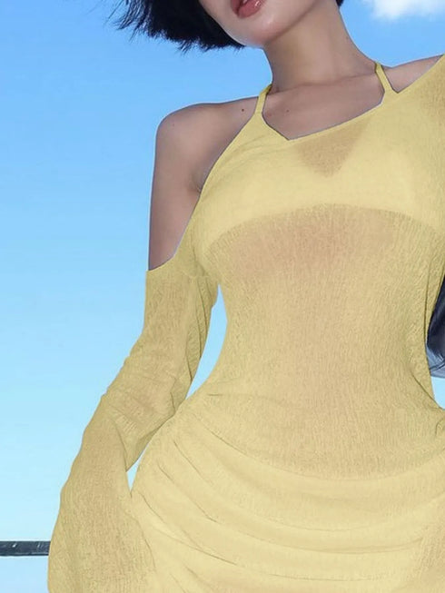 One-Shoulder Bell Sleeve Ruched Mini Cover-Up Dress - Fashorio