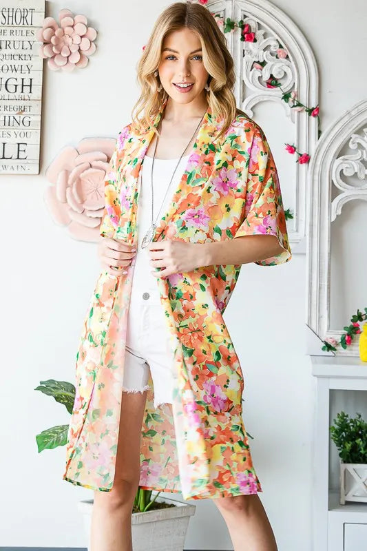 Heimish Full Size Half Sleeve Multi Color Floral Open Cardigan Plus Size - Fashorio