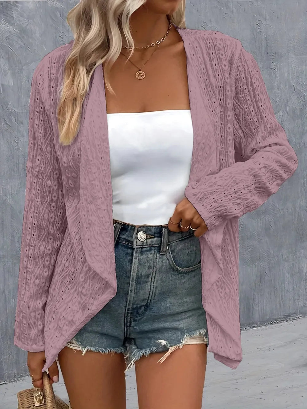 Eyelet Roll-Tab Sleeve Cardigan - Fashorio