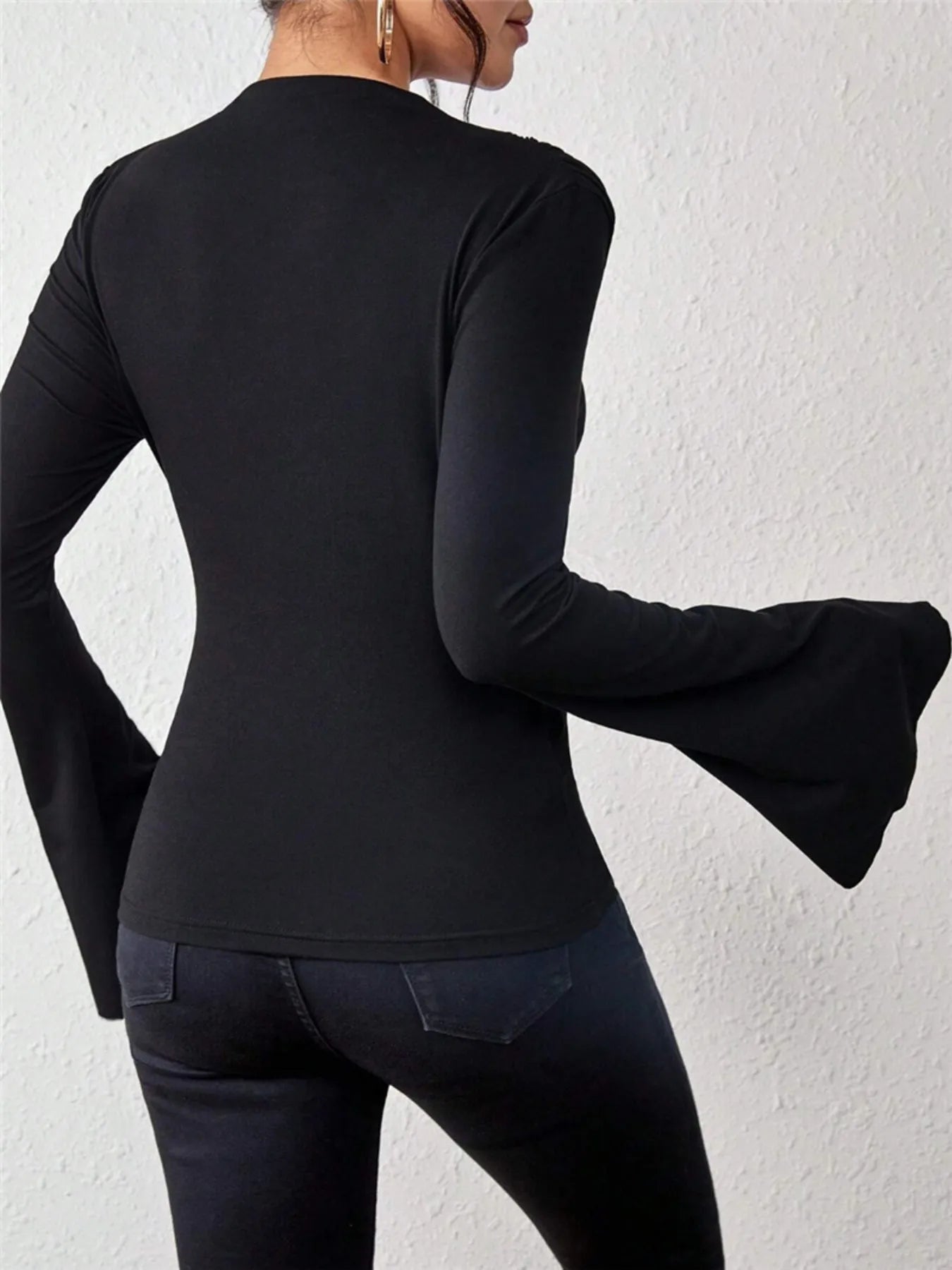 Bell Sleeve Ruched Fitted T-Shirt with Mock Neck - Fashorio