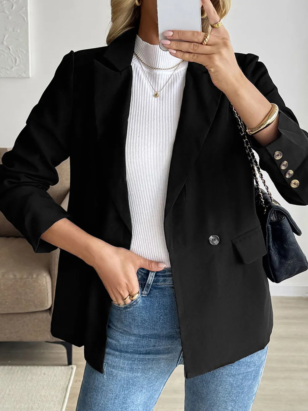 Perfee Lapel Collar Long Sleeve Blazer - Fashorio