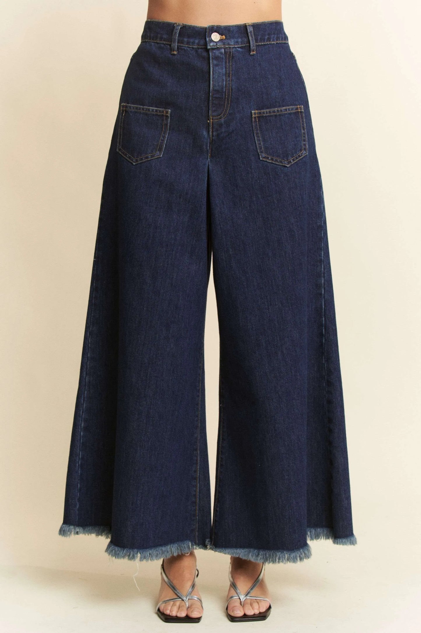 Davi & Dani Patch Pocket Wide Leg Culotte Jeans DARK DENIM - Fashorio