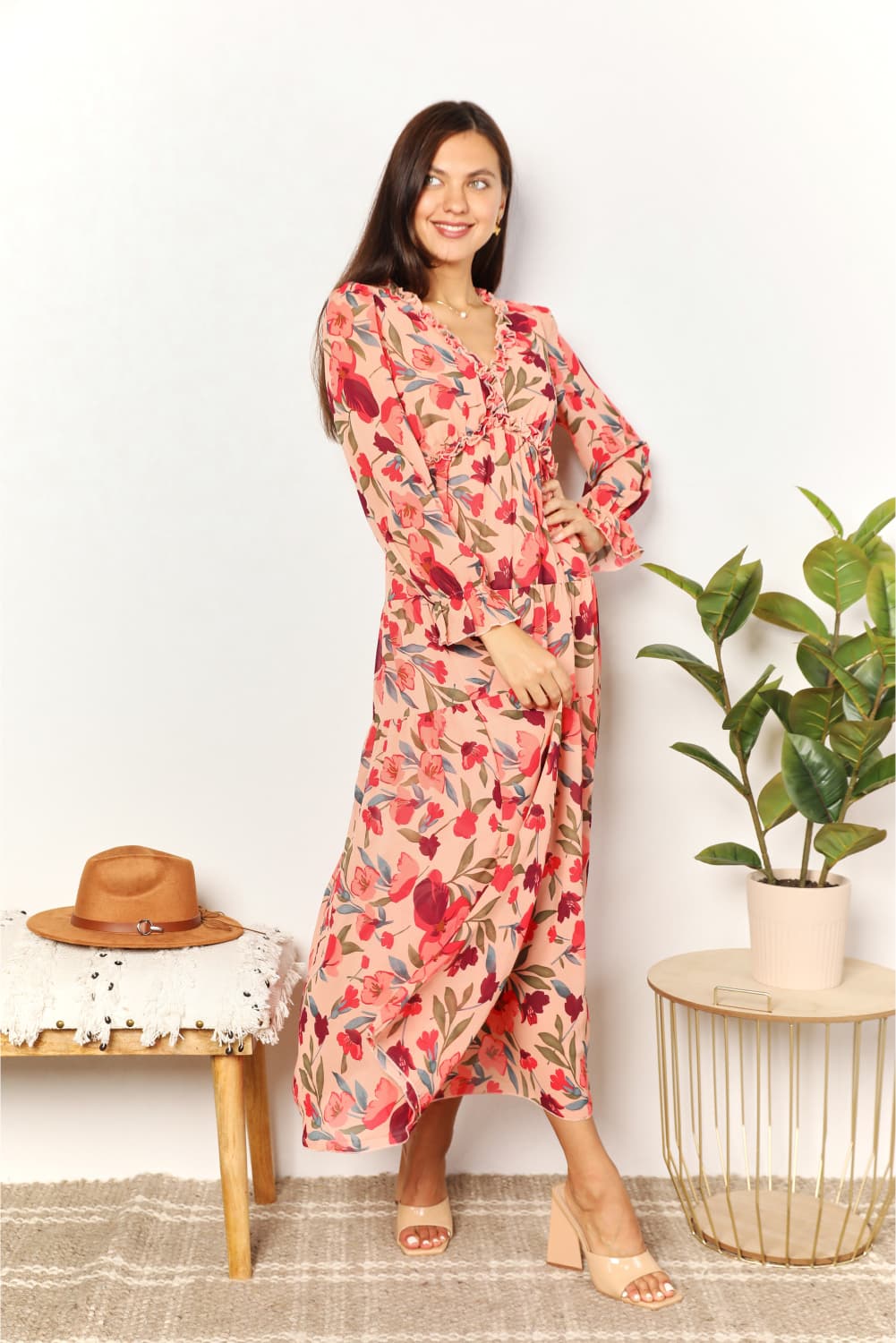 Double Take Floral Frill Trim Flounce Sleeve Plunge Maxi Dress - Fashorio