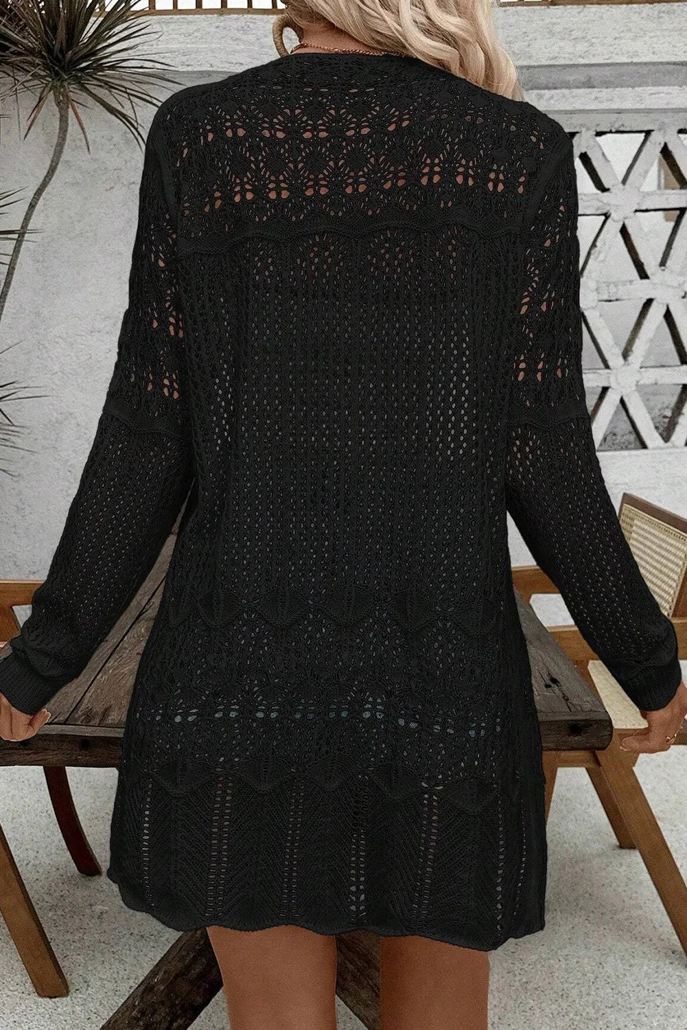 Openwork Open Front Long Sleeve Cardigan - Fashorio