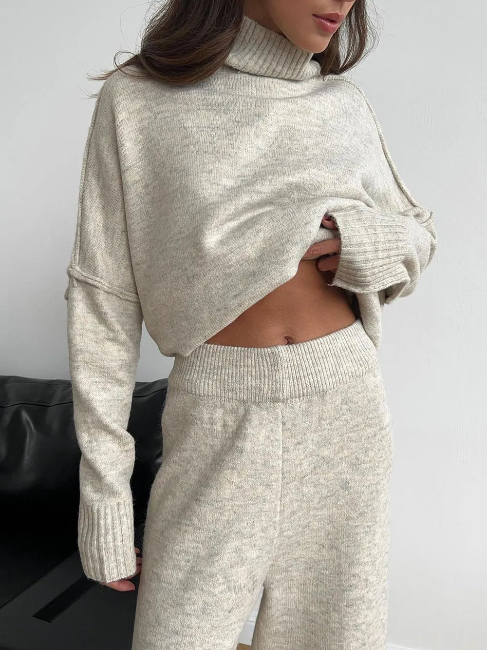 Slit Turtleneck Long Sleeve Top and Pants Sweater Set - Fashorio