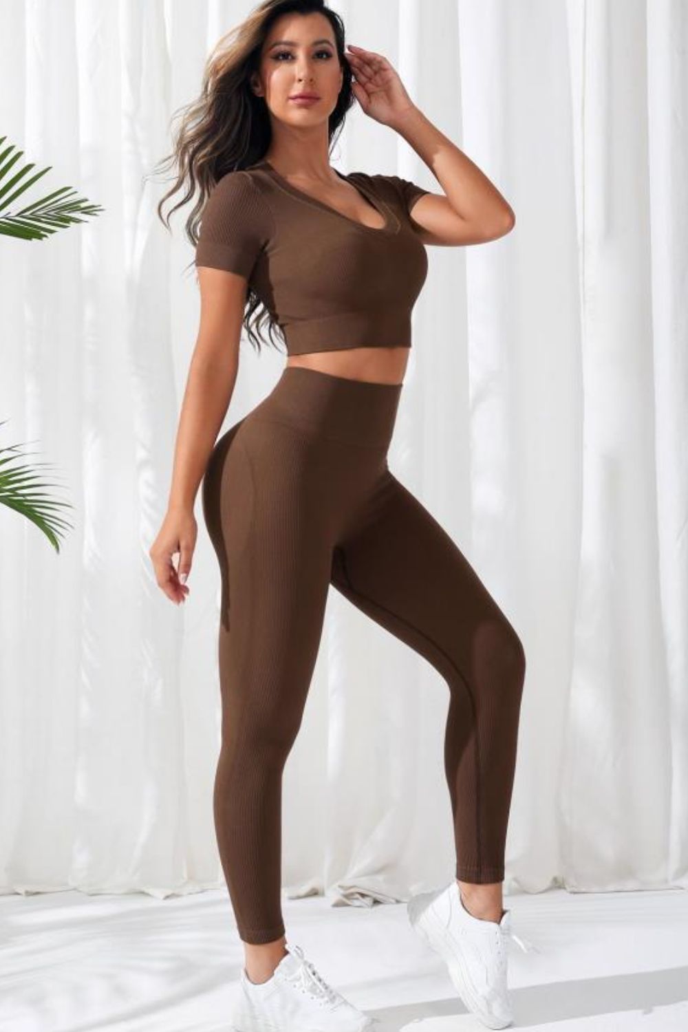V-Neck Crop Top and High Waistband Long Active Pants - Fashorio