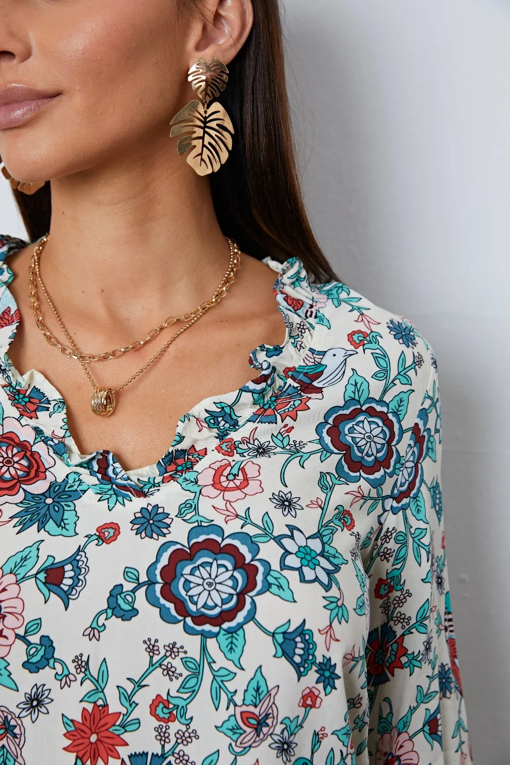 Floral Notched Long Sleeve Blouse - Fashorio
