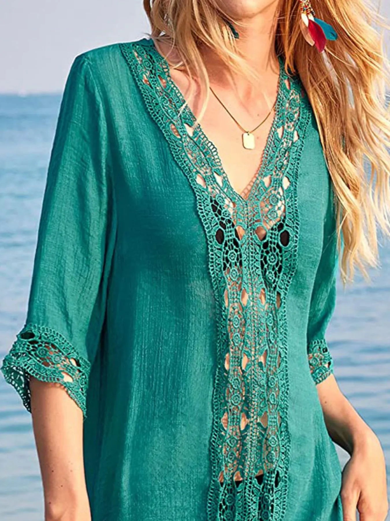 Lace Trim V-Neck Cover-Up - Fashorio