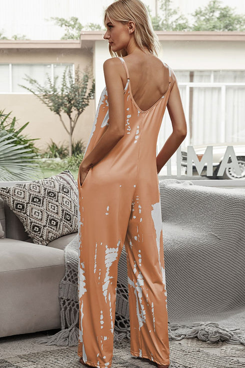 Shiny Tie-Dye Spaghetti Strap Jumpsuit with Pockets - Fashorio
