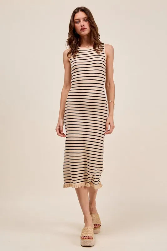 SO ME Stripe Sleeveless Sweater Knit Maxi Dress With Ruffled Hem OATMEAL BLACK - Fashorio