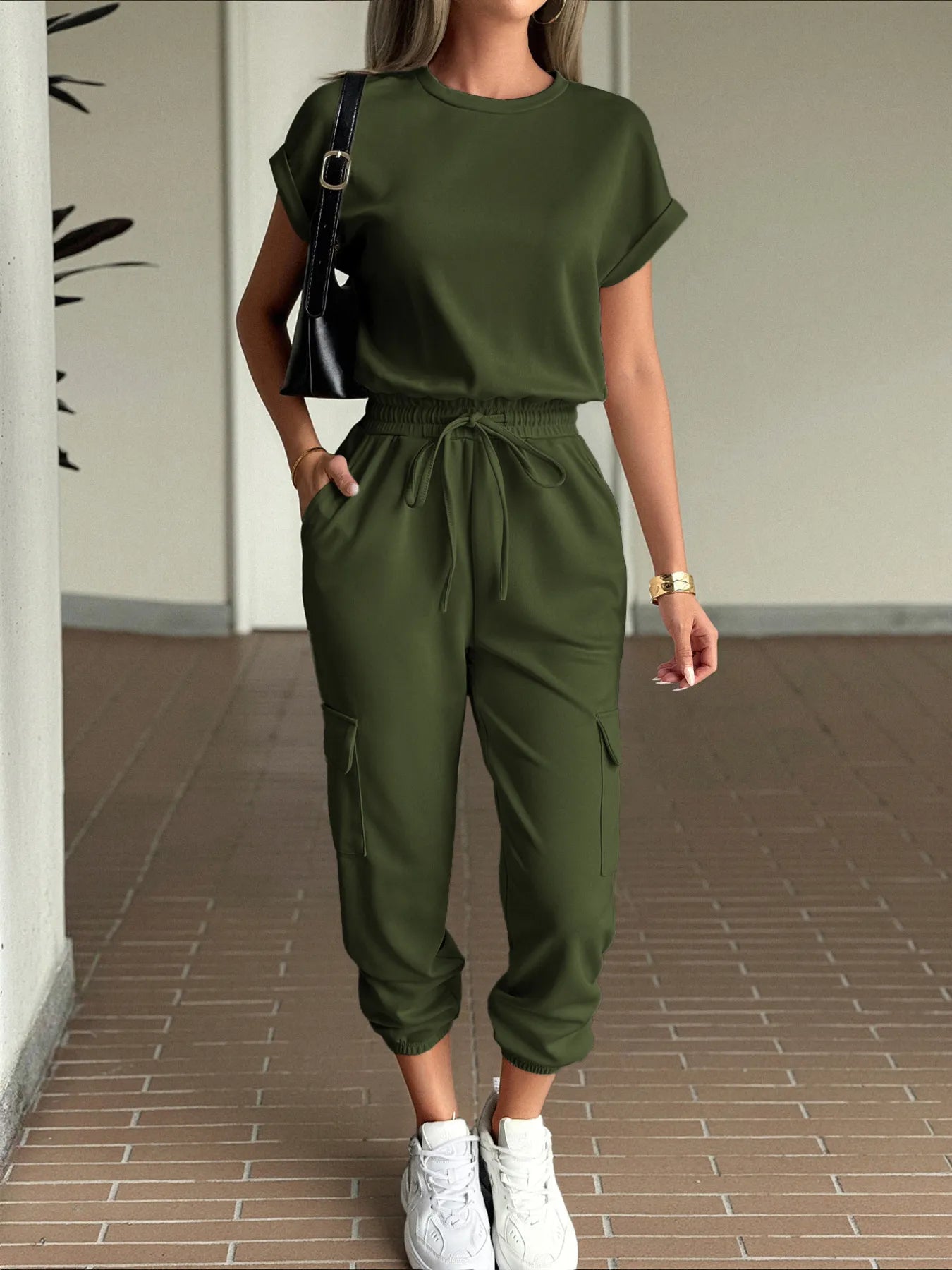Round Neck Short Sleeve Top and Pants Set - Fashorio