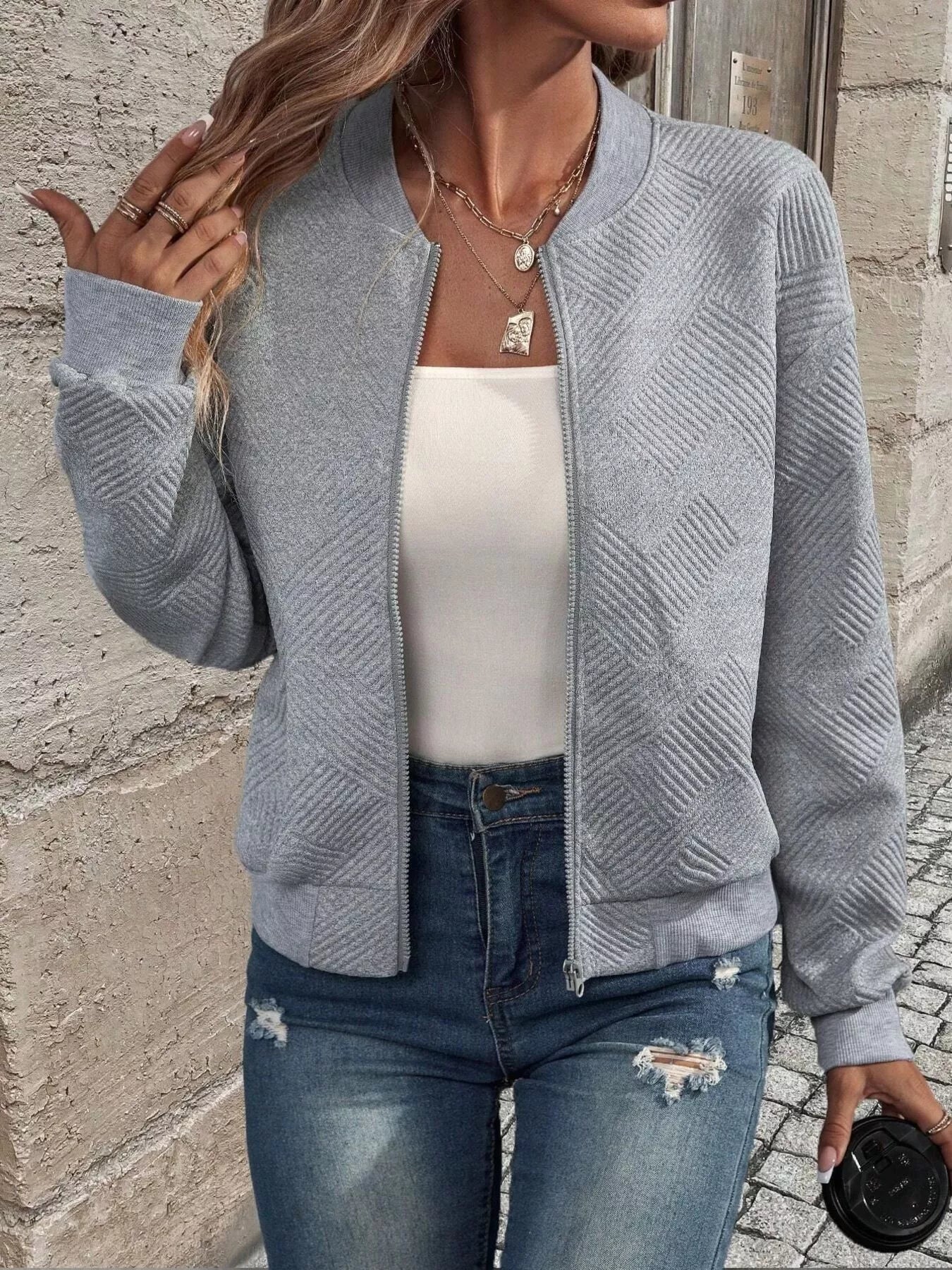 Textured Zip-Up Long Sleeve Jacket for Casual Layering - Fashorio