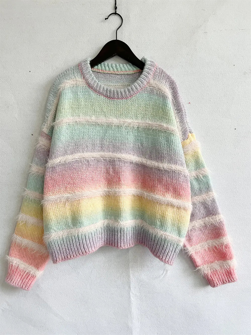 Striped Round Neck Long Sleeve Sweater - Fashorio