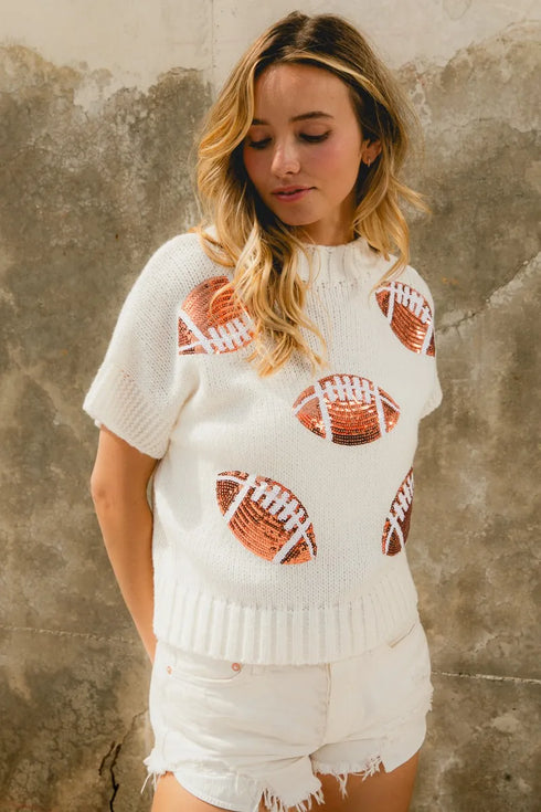 BiBi Gameday Sequin Football Patches Rib Banded Sweater - Fashorio