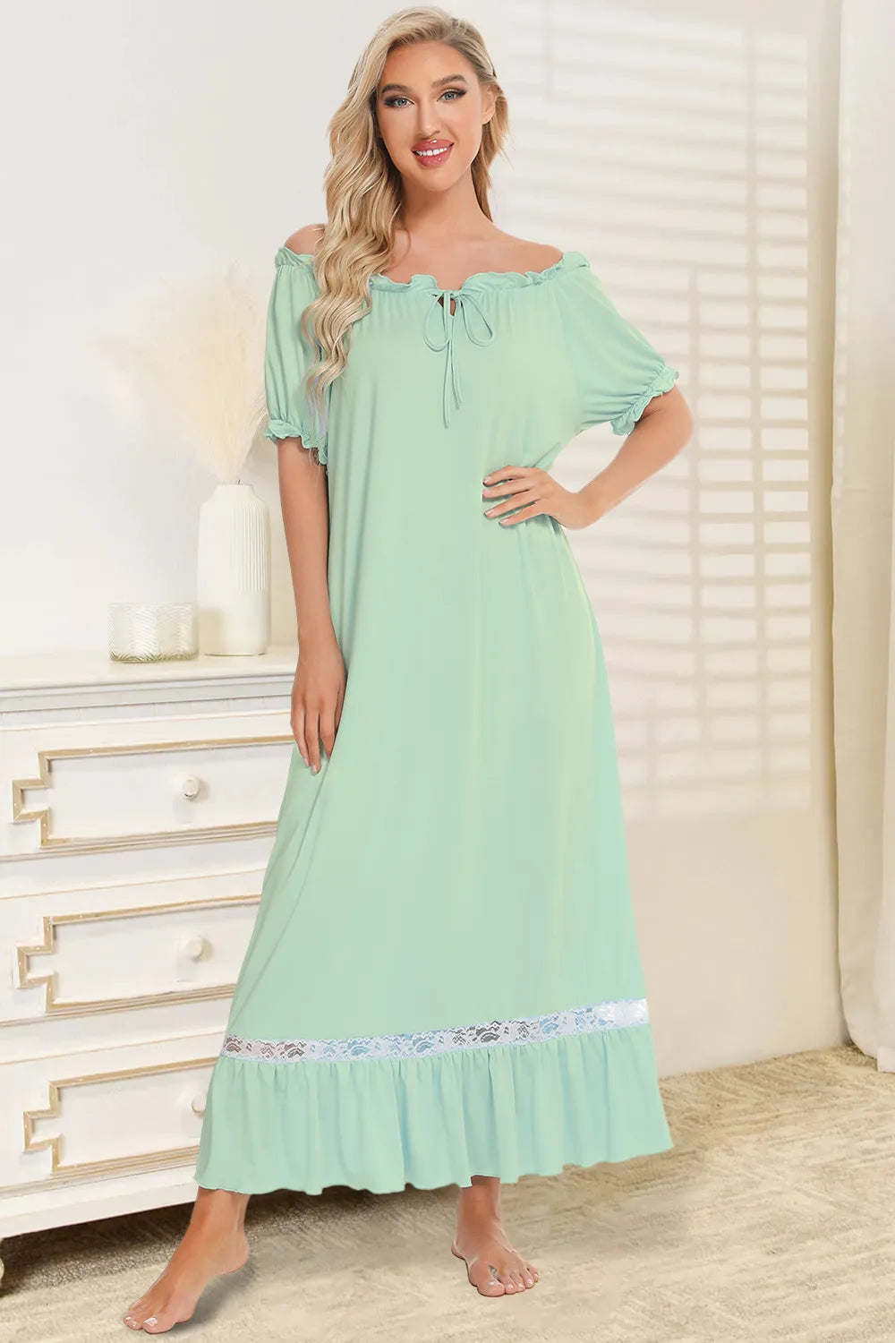 Lace Detail Short Sleeve Lounge Dress Light Green - Fashorio