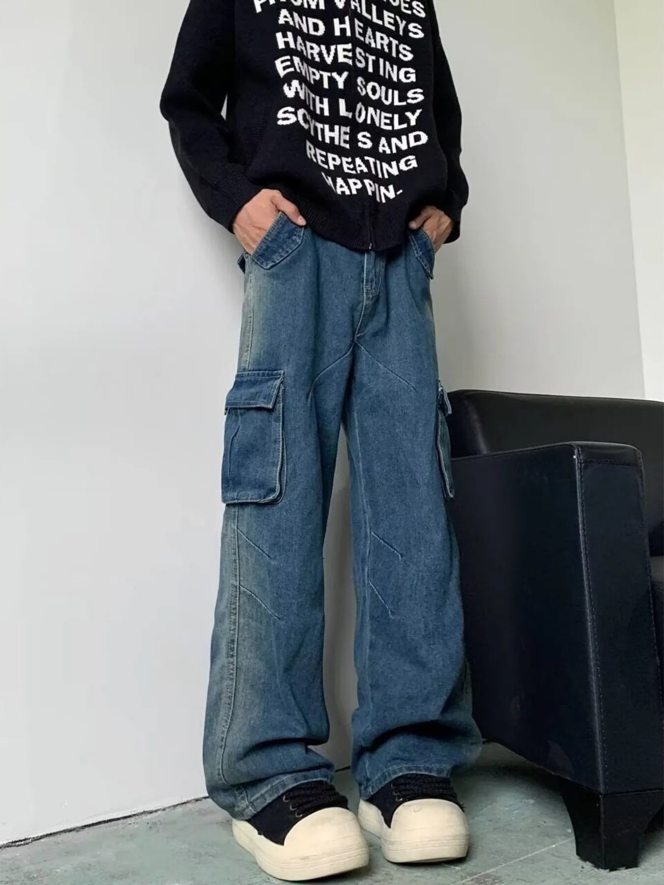 Men's Full Size Cargo Wide Leg Baggy Jeans Plus Size Blue - Fashorio