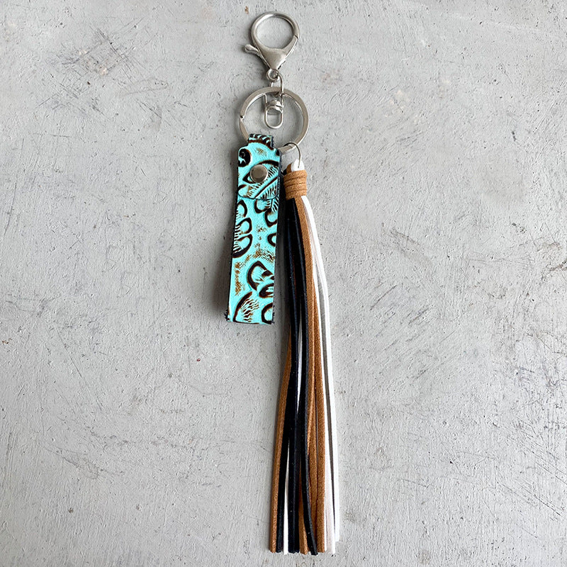 Genuine Leather Tassel Keychain Aqua One Size - Fashorio