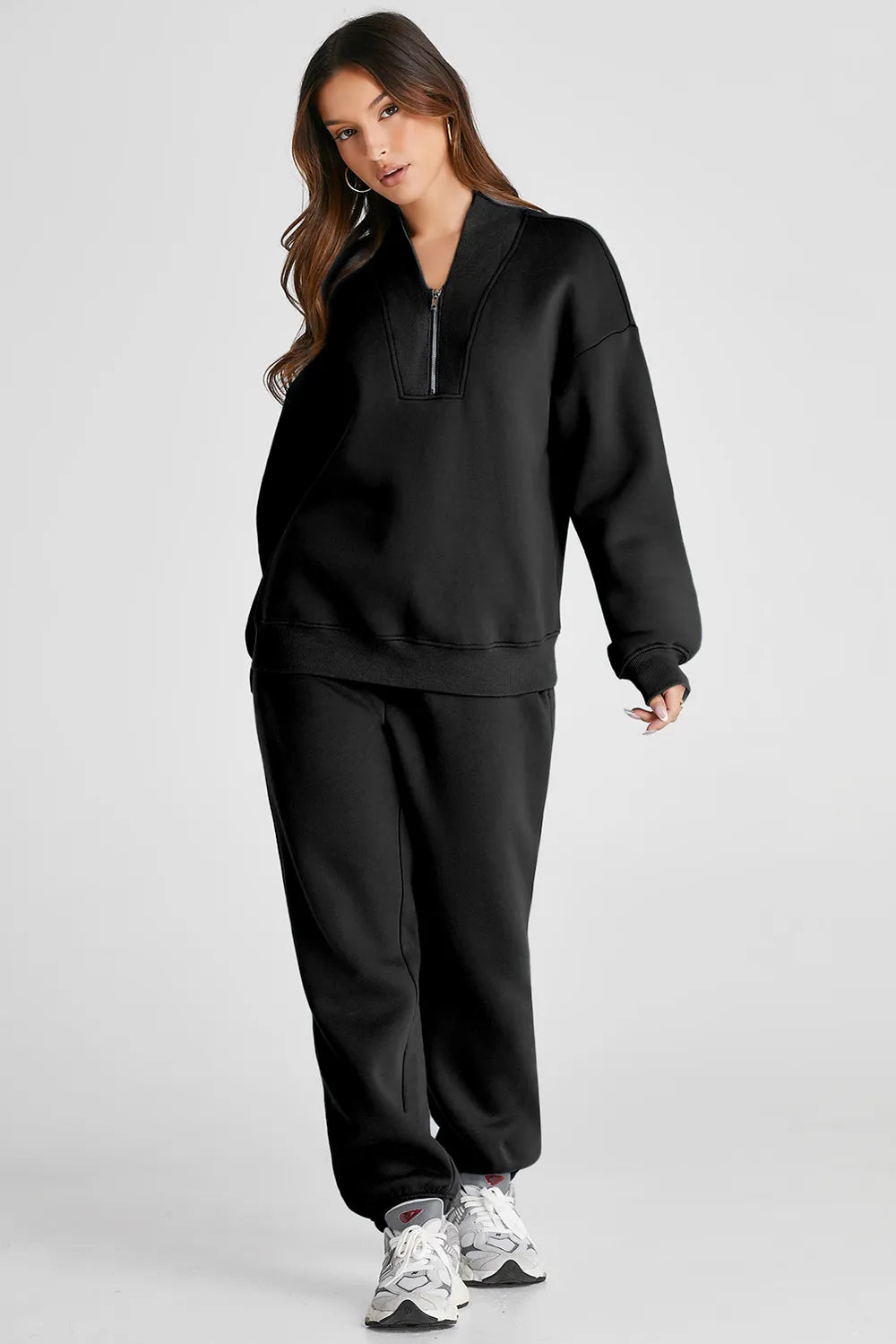 Quarter Zip Long Sleeve Top and Pants Set - Fashorio