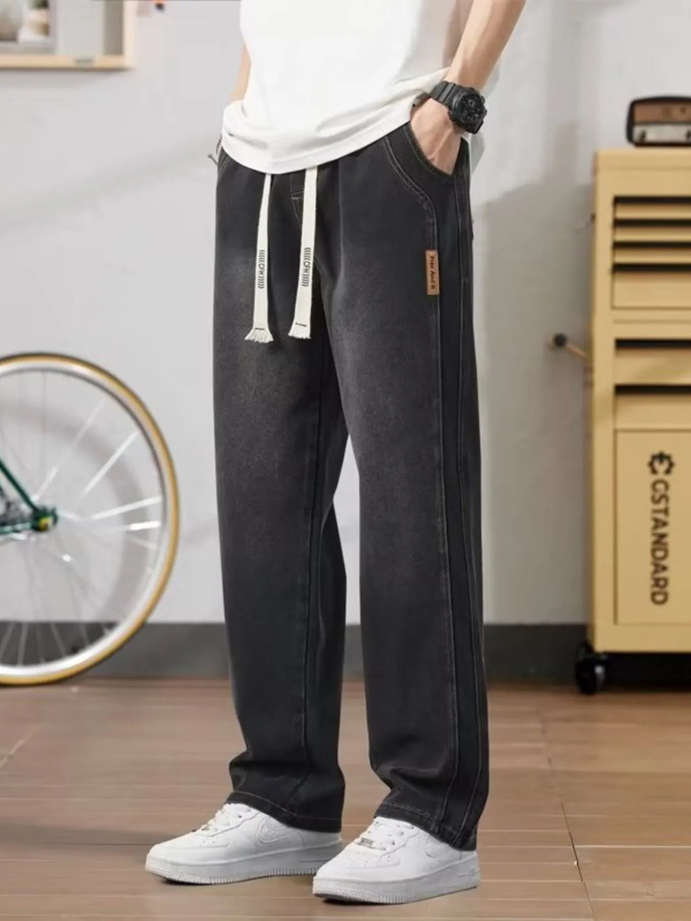 Men's Full Size Washed Relaxed Fit Straight Leg Jeans Plus Size Black - Fashorio