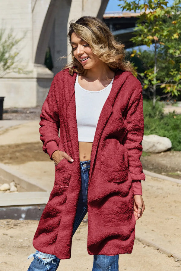 Double Take Full Size Hooded Teddy Bear Jacket with Thumbholes Deep Red - Fashorio