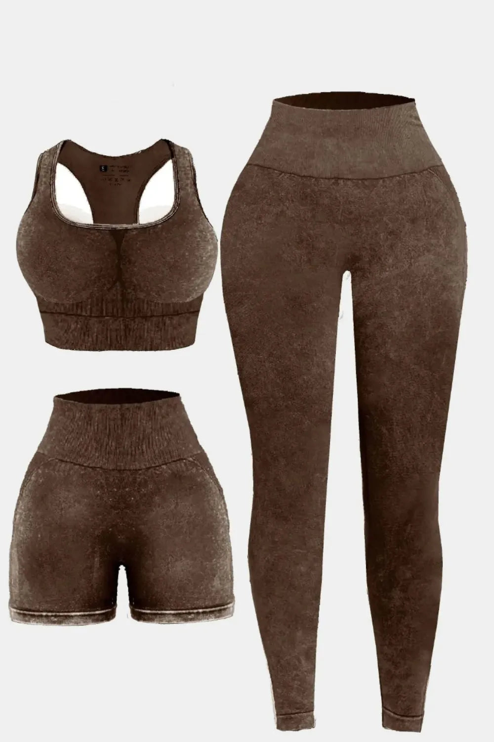 3 Piece Washed Square Neck Wide Strap Active Set Dark Brown - Fashorio