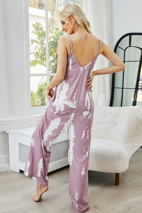 Shiny Tie-Dye Spaghetti Strap Jumpsuit with Pockets - Fashorio