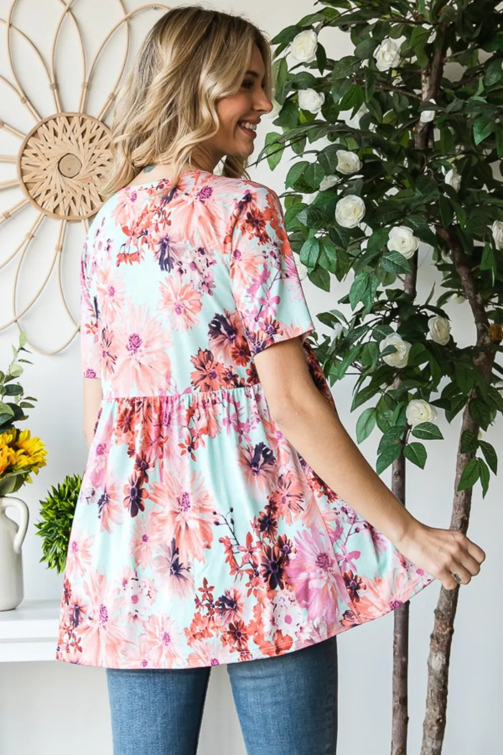 Heimish Full Size Floral V-Neck Short Sleeve Babydoll Blouse - Fashorio