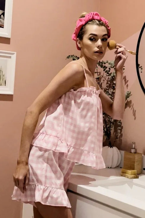 Lime 'N' Chili Gingham Ruffle Trim Cami and Shorts Pajama Set - Fashorio