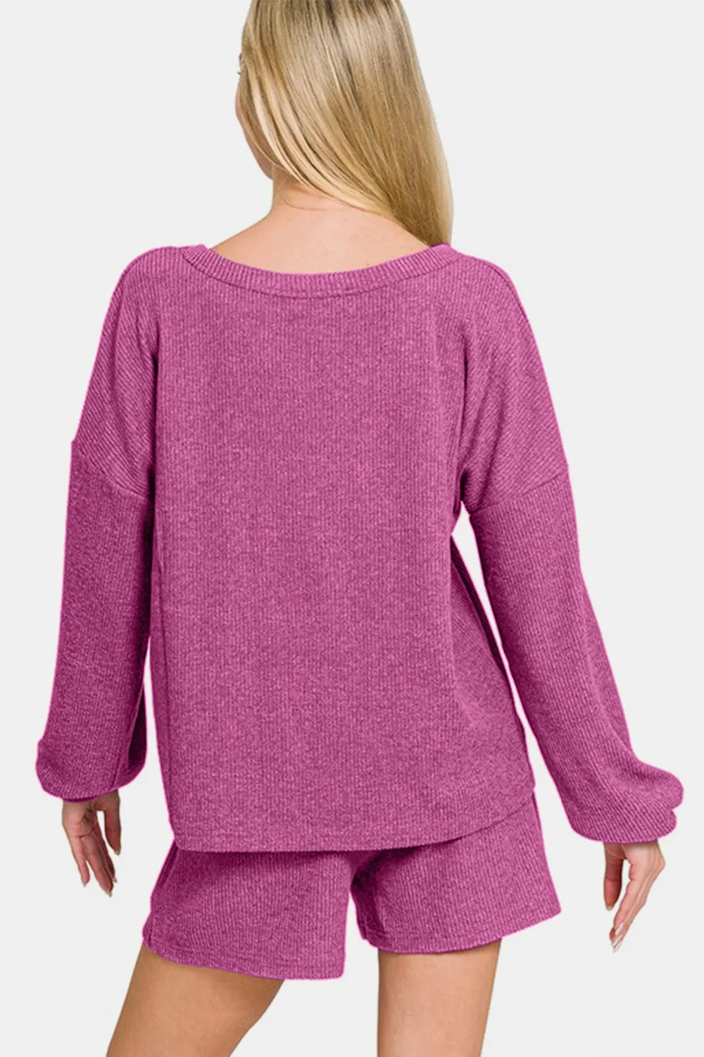 Zenana V-Neck Long Sleeve Ribbed Top and Shorts Set - Fashorio