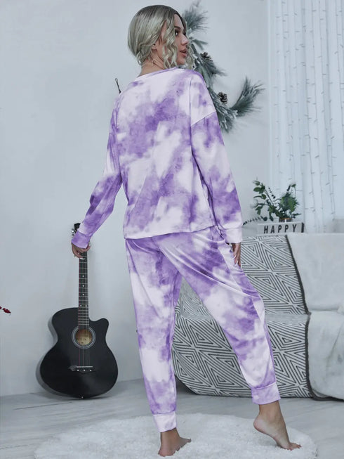 Shiny Tie-dye Round Neck Top and Drawstring Pants Lounge Set - Fashorio
