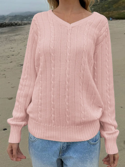 Cable Knit V-Neck Pullover Sweater - Fashorio
