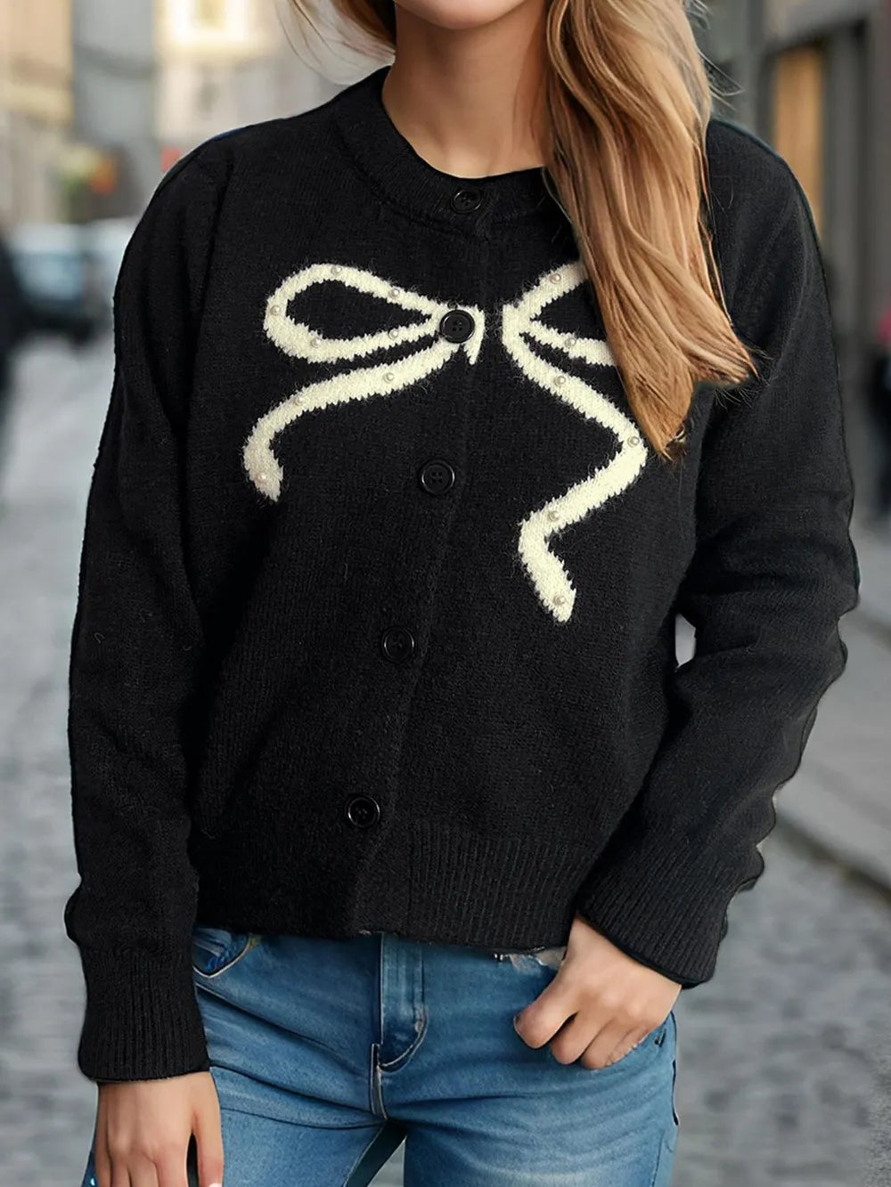 Bow Button Down Round Neck Cardigan - Fashorio