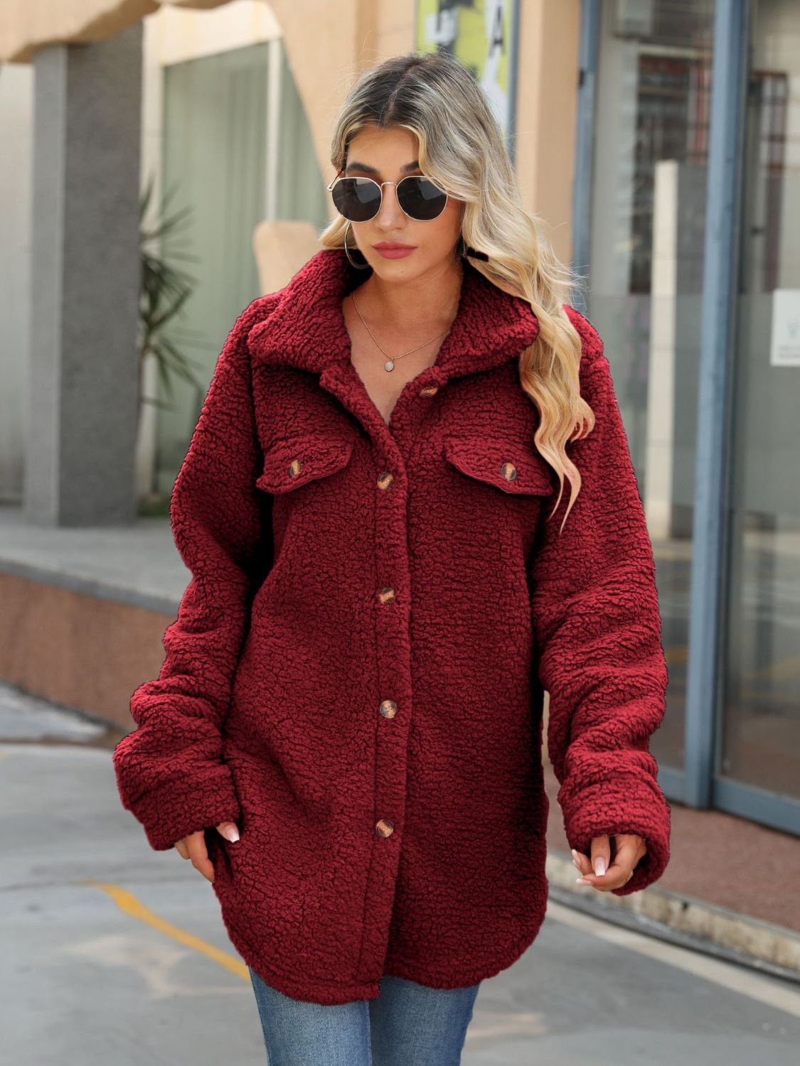 Button Down Collared Coat Wine - Fashorio